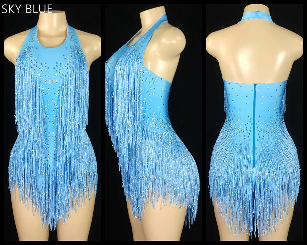 Women's Rhinestone Fringe Halter Dance Bodysuit for Stage Costume Outfits