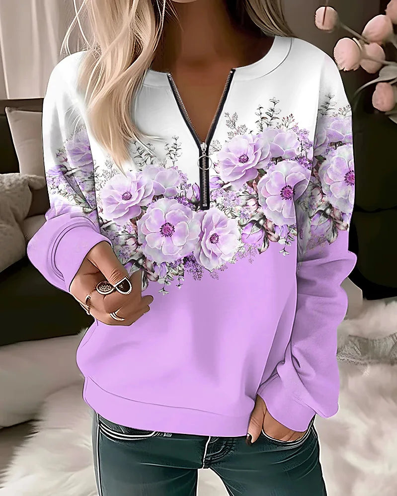 Floral Long Sleeve Full Zip Casual Hoodie for Layering