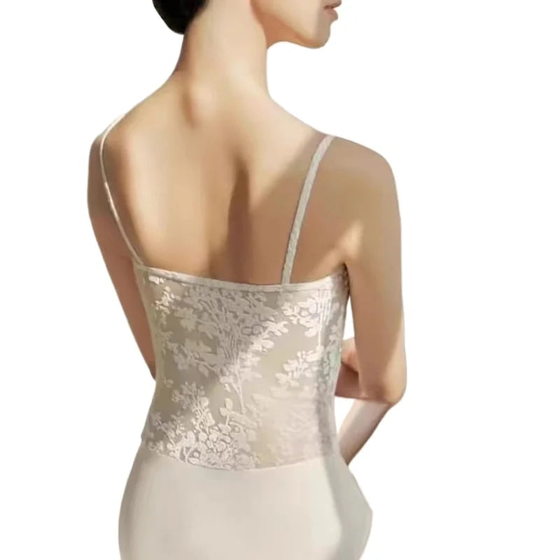 Women's Floral Lace Camisole Ballet Leotard with Low Back Design