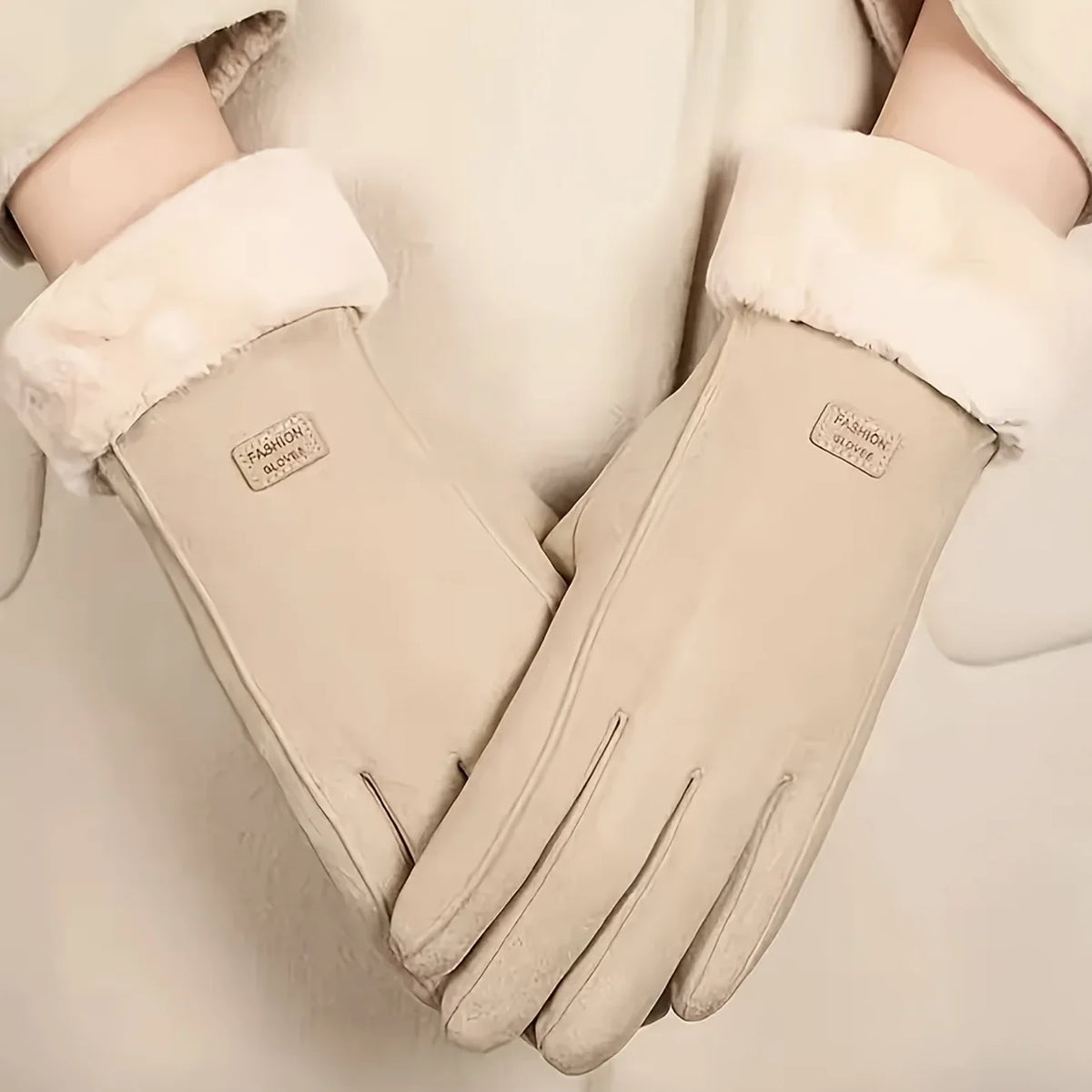 Beige Full Finger Gloves with Textured Outer Panels
