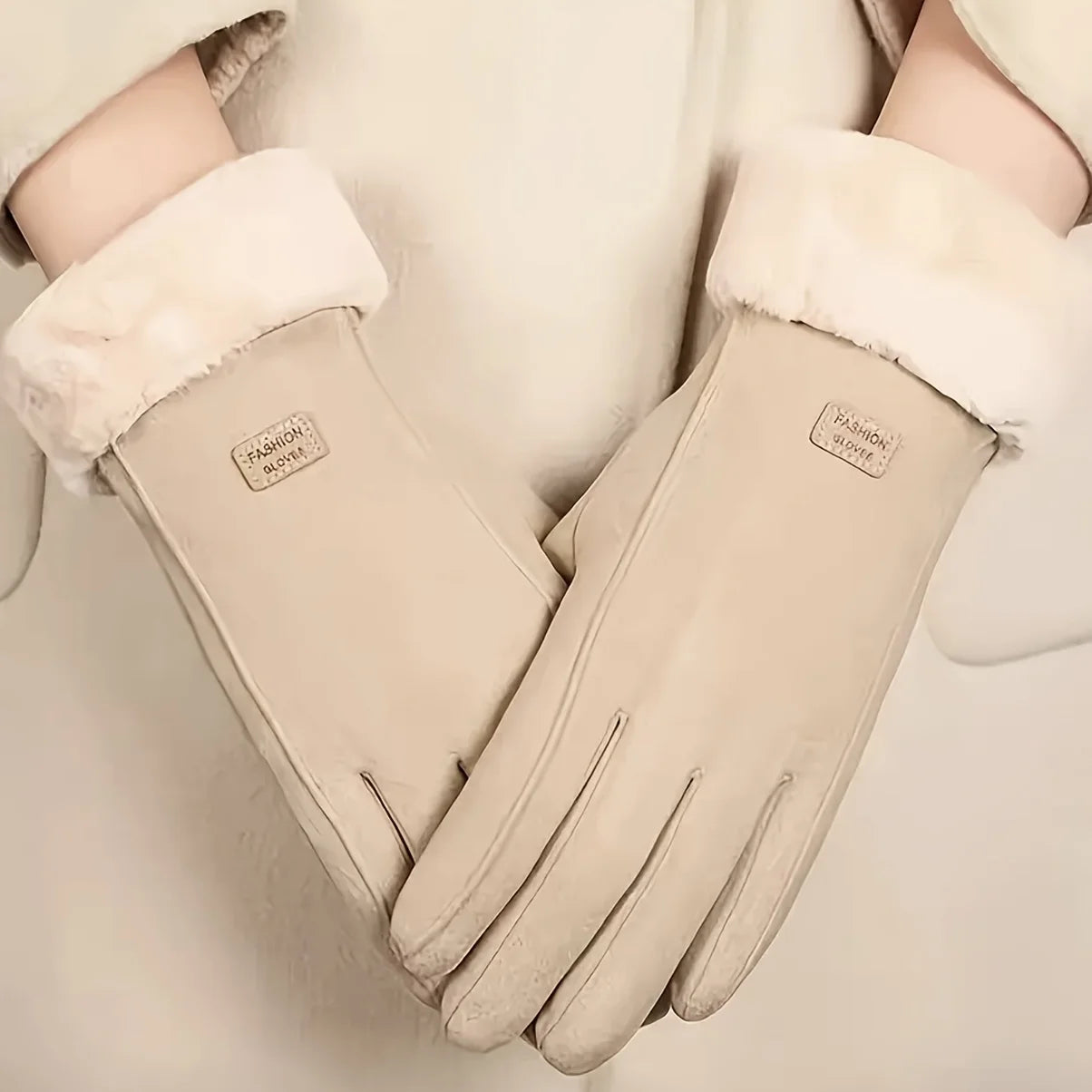 Beige Full Finger Gloves with Textured Outer Panels