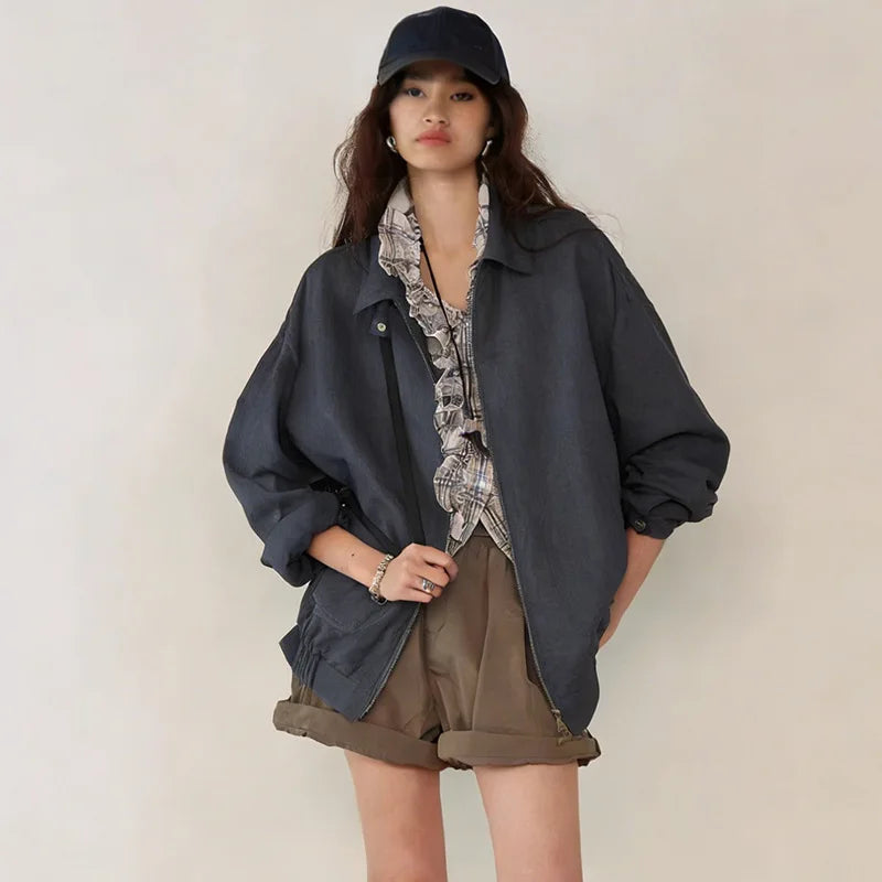 Women's Linen Long-Sleeve Loose Collared Zip-Up Jacket with Pockets for Layered Outfits