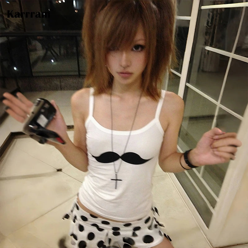 Women's Moustache Print Cotton Camisole with Thin Straps and Fitted Shape