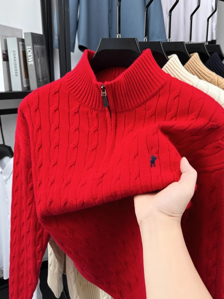Men's Embroidered Cable Knit Quarter Zip Sweater