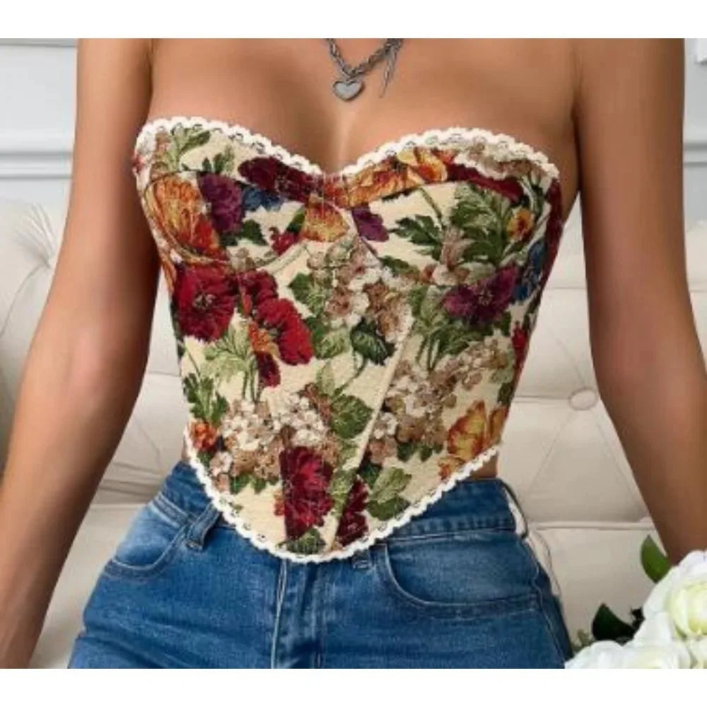 Women's Floral Tapestry Print Polyester Bustier Crop Top with Lace Up Back