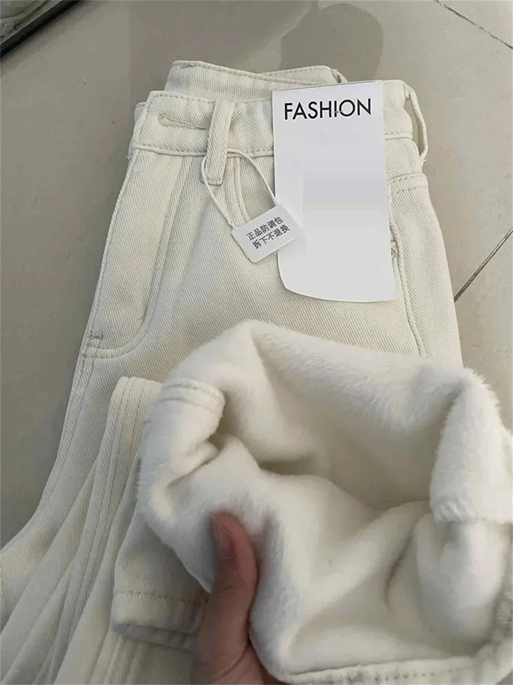 Women's White Fleece Lined Straight Leg Denim Jeans