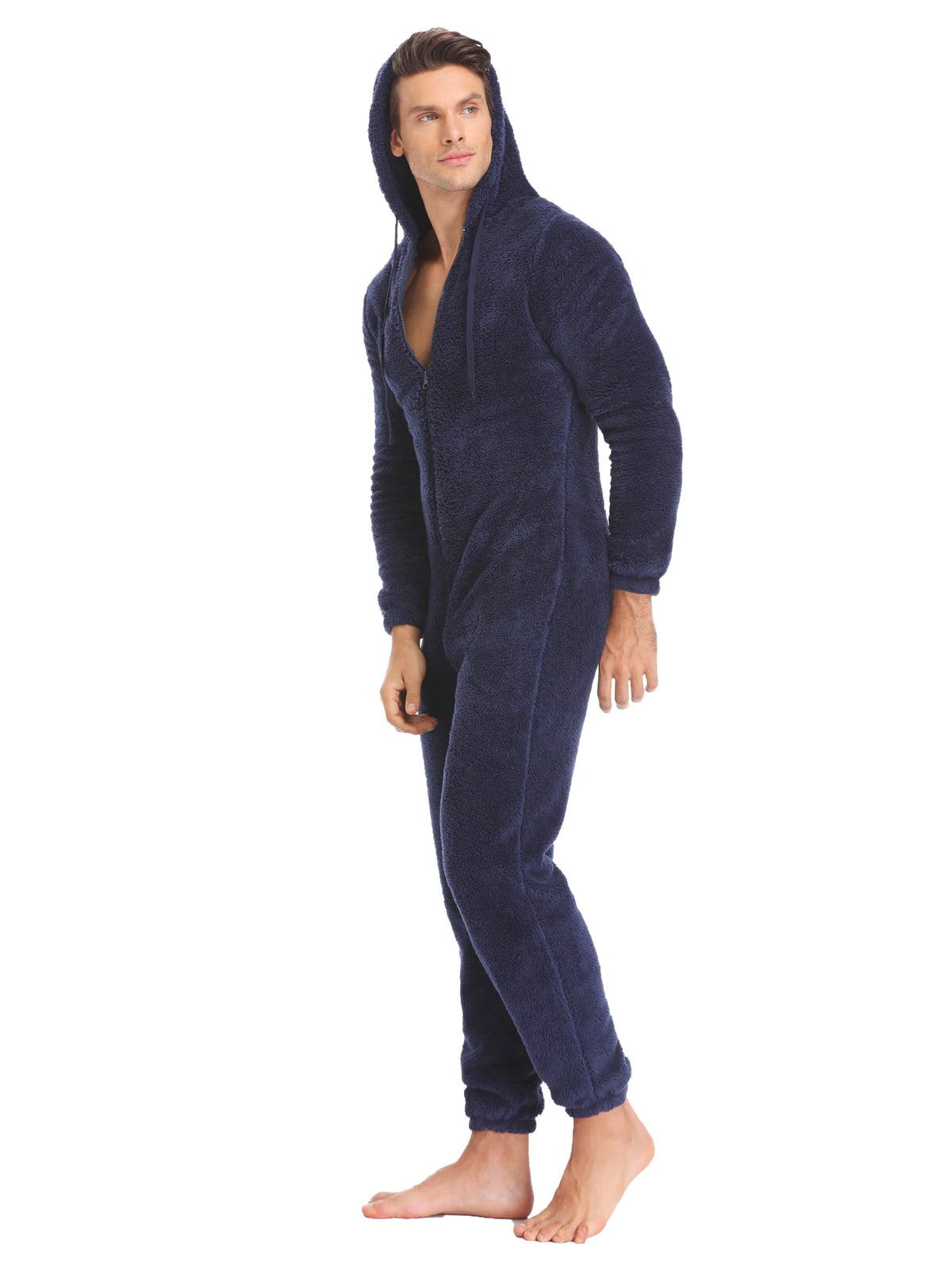 Men's Hooded Long Sleeve Zip Front Plush Pajama Jumpsuit