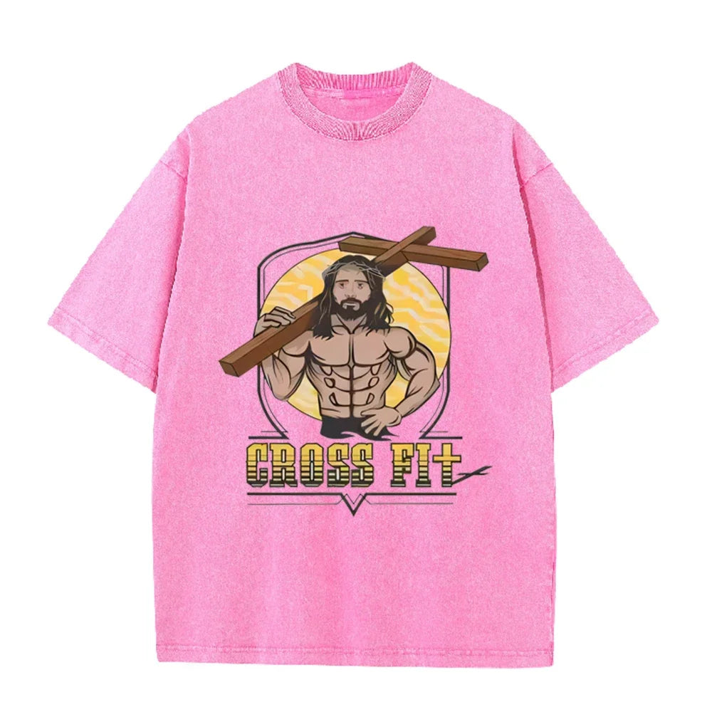 Oversized Washed Cotton Graphic T-Shirt with Short Sleeves