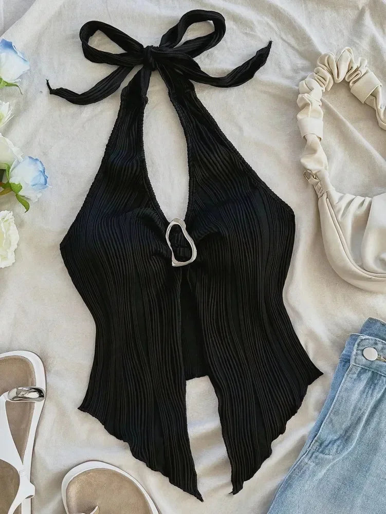 Women's Ribbed Halter-Neck Backless Split-Hem Crop Top
