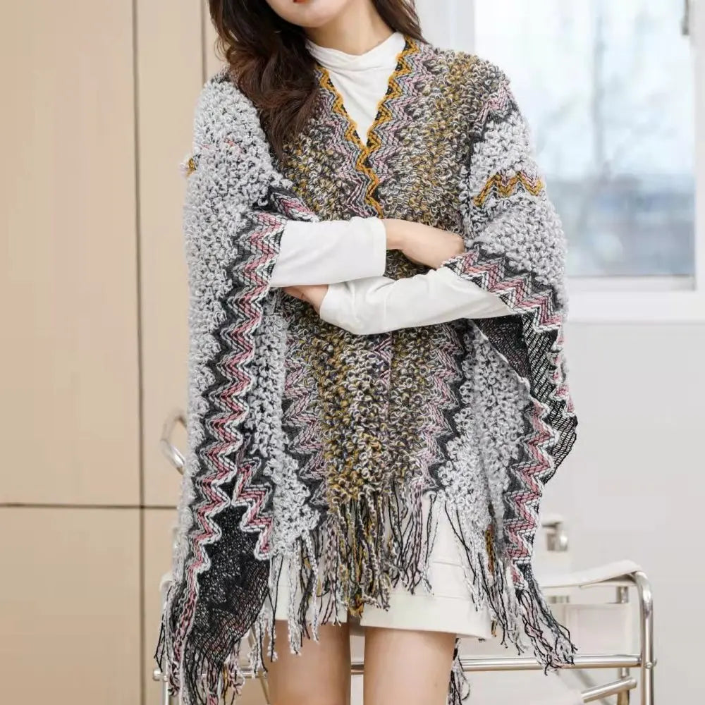 Zigzag Knit Fringe Poncho for Layering over Outfits