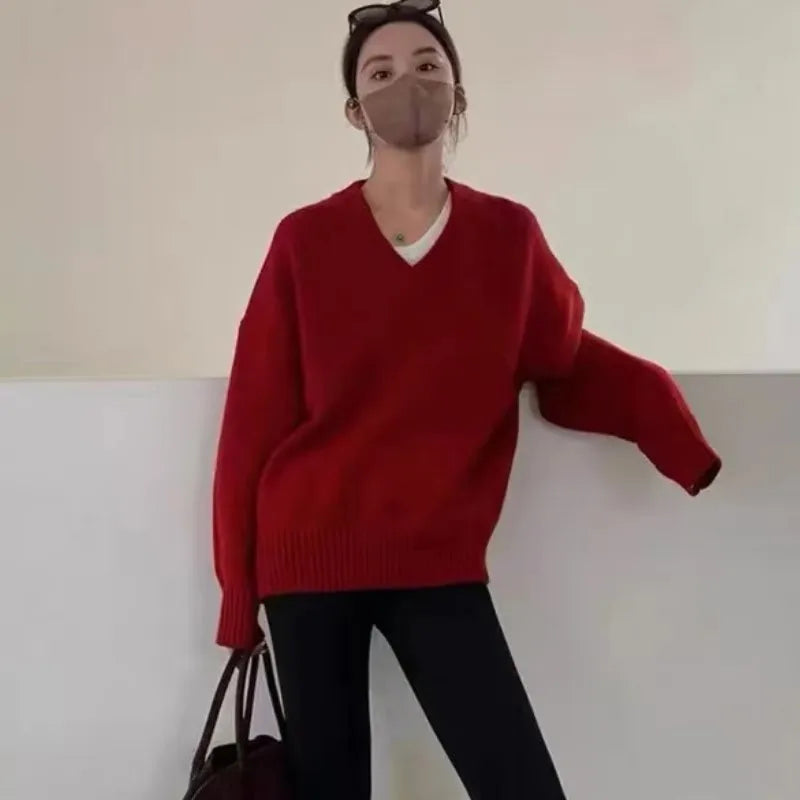 V-neck 100 pure wool sweater for women in autumn and winter, loose and thick sweater, long-sleeved knitted top