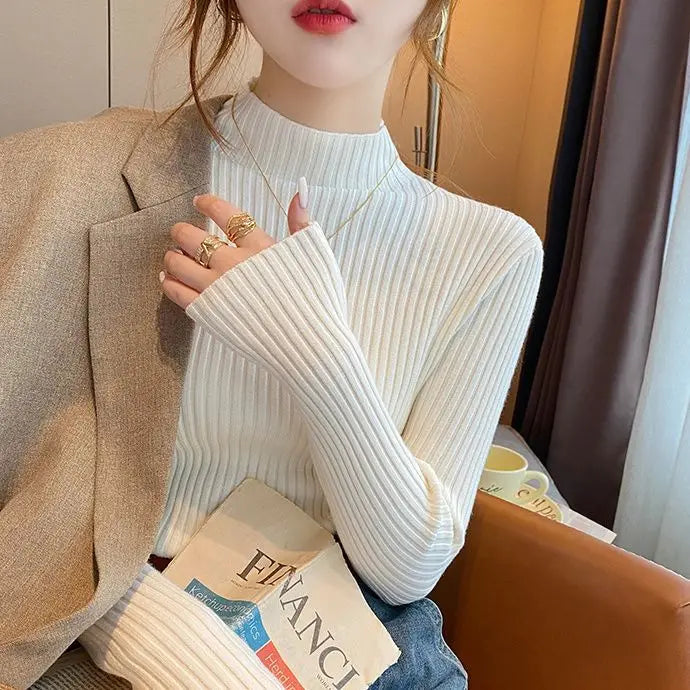 Women's Ribbed Mock Neck Flare Cuff Sweater Casual Knit Layer