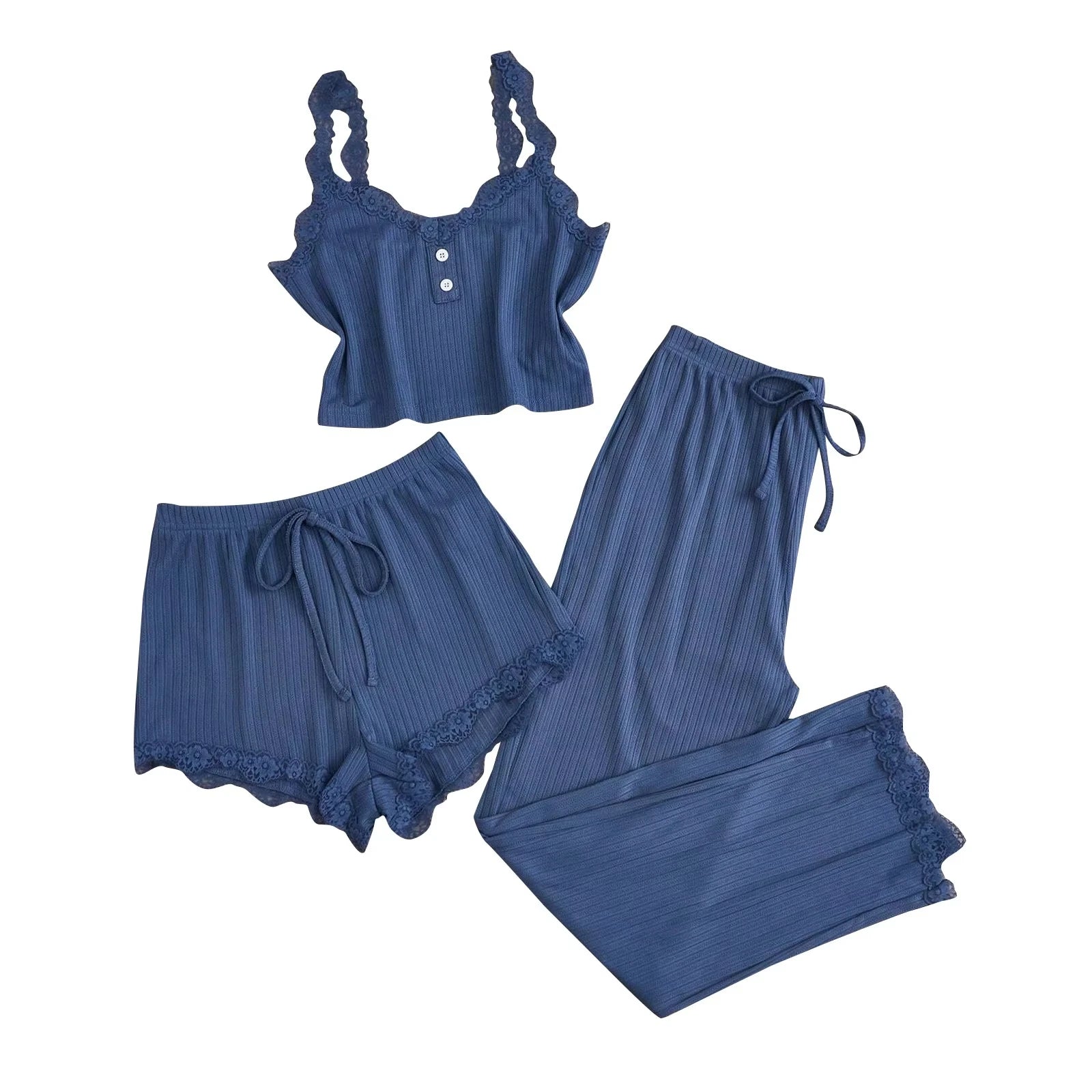 Women's Lace Trim Cami Three Piece Pajama Set with Shorts and Pants