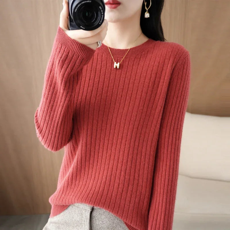Women's Ribbed Crew Neck Long Sleeve Sweater Casual Knit Layer