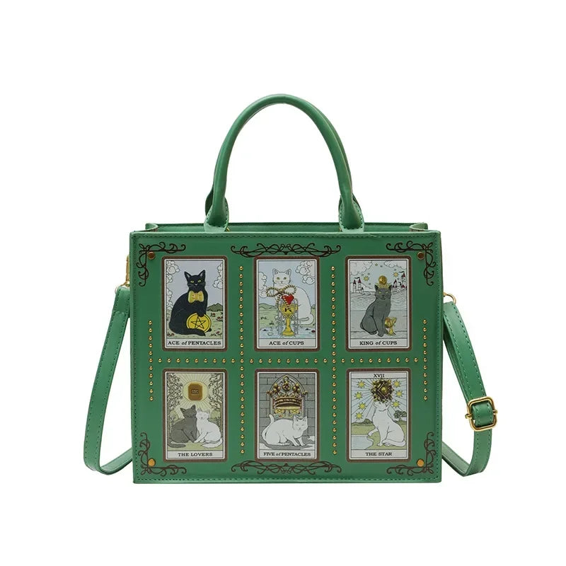 Women's Tarot Cat Print Tote Handbag with Handles and Crossbody Strap