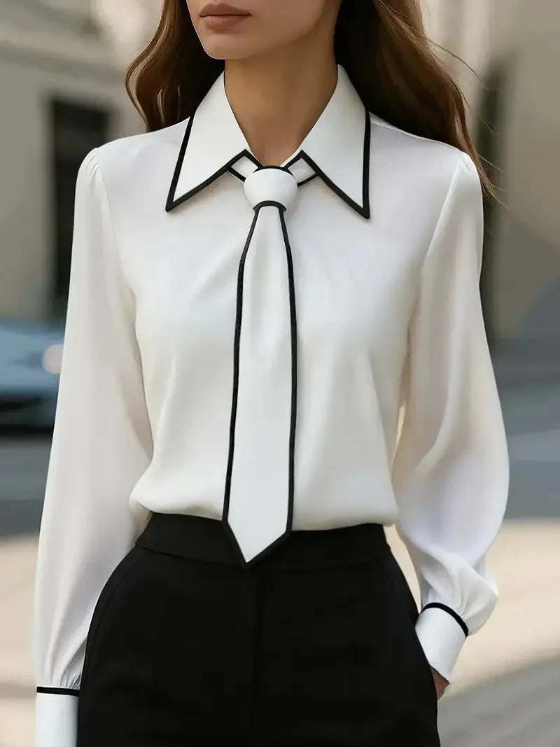 Women's Contrast Trim Tie Neck Long Sleeve Blouse