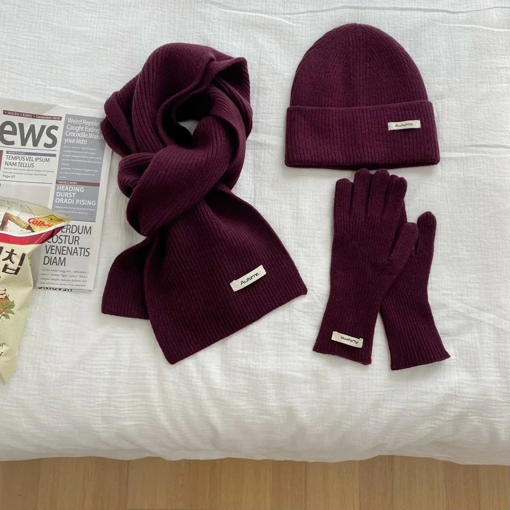 Women's Solid Knitted Hat Scarf and Gloves Set for Winter Wear