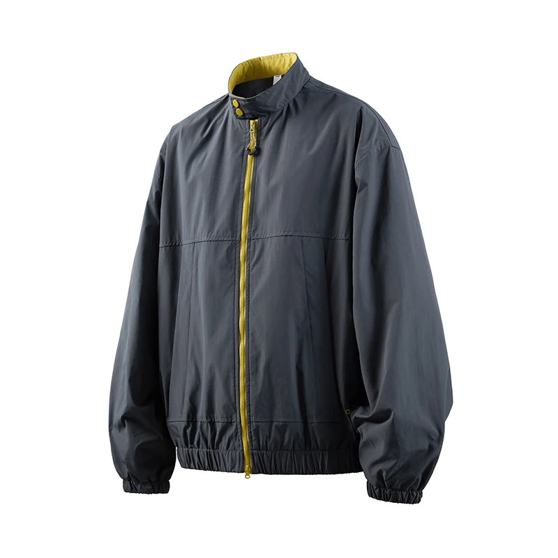 Stand-Collar Zip-Up Windbreaker Jacket with Elastic Hem for Outdoor Wear