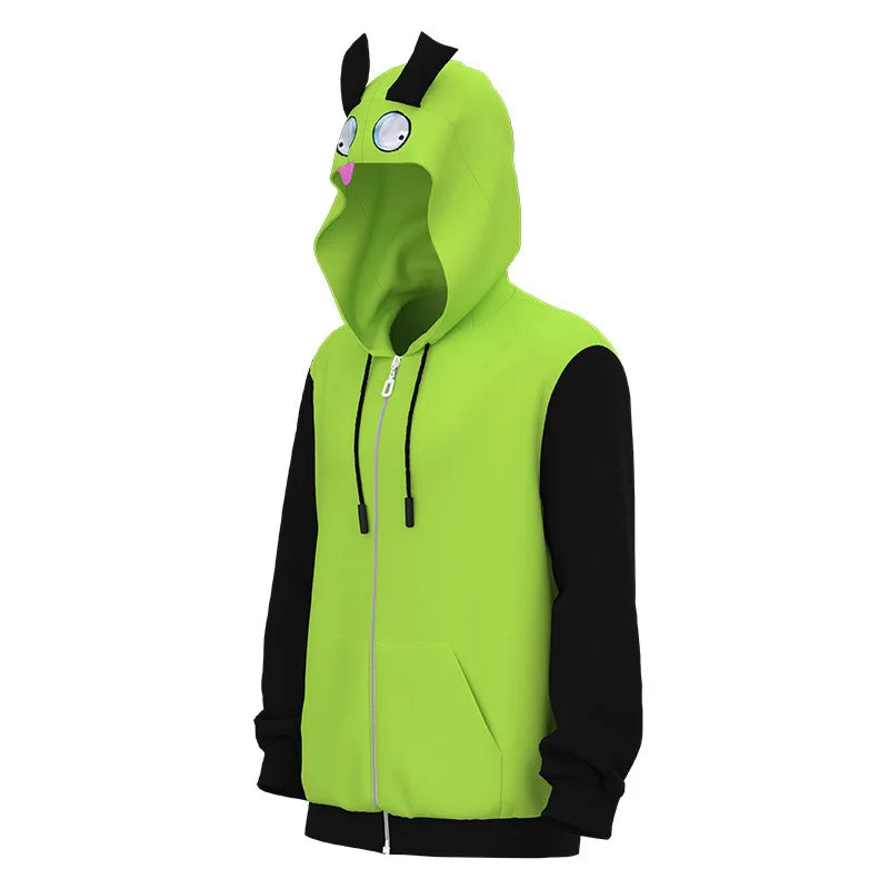 Contrast-Panel Loose-Fit Long-Sleeve Zip-Front Hoodie