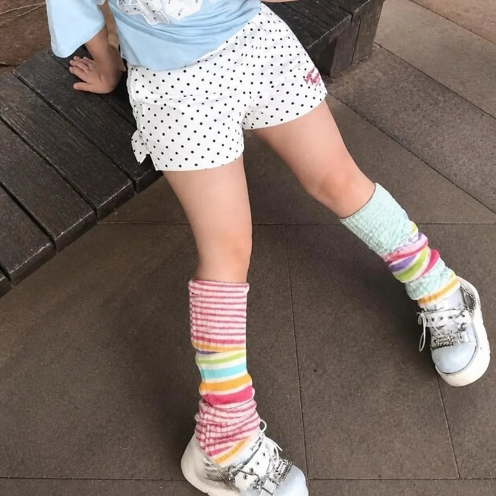 Pastel Striped Knit Leg Warmers with Decorative Floral Details
