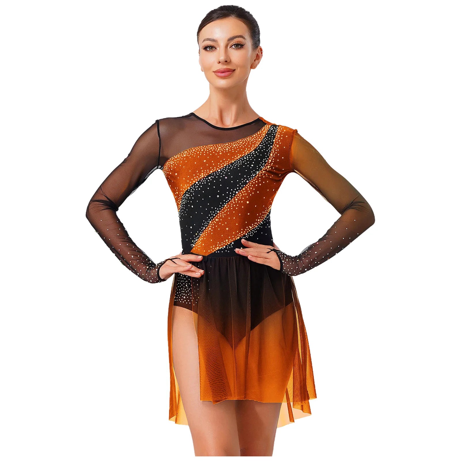 Women's Long Sleeve Mesh Dance Dress with Sequins and Asymmetric Panels