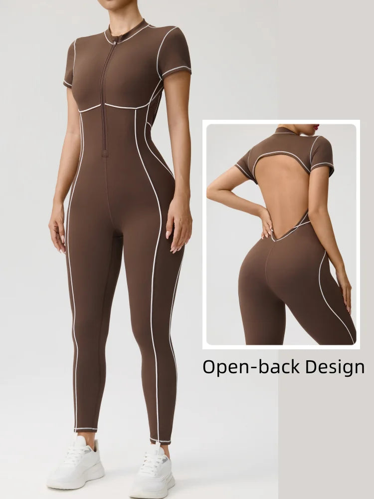 Women's Short Sleeve Nylon Blend Workout Jumpsuit with Back Cutout
