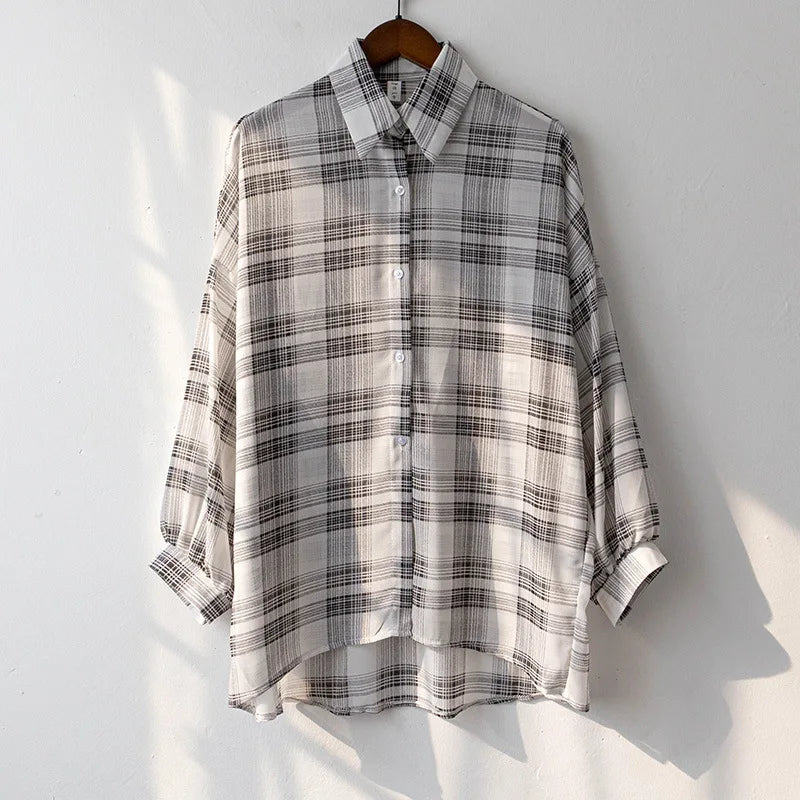 Women's Sheer Checked Short Sleeve Button Front Shirt
