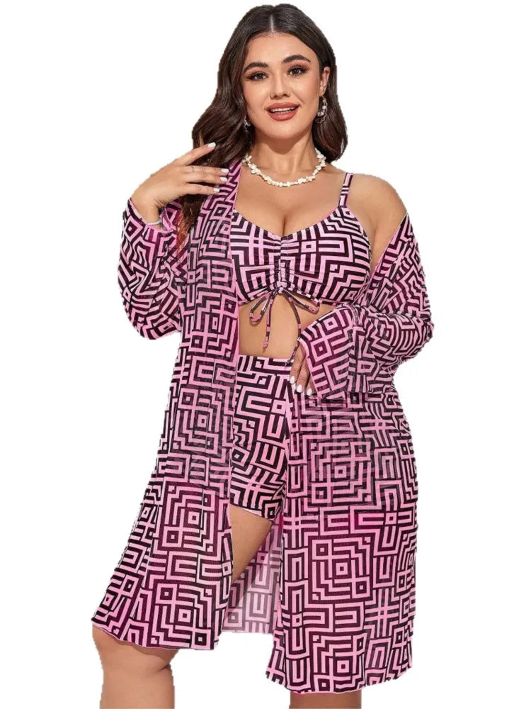 Women's Geometric Print Bikini Shorts Set with Long Sleeve Cover Up