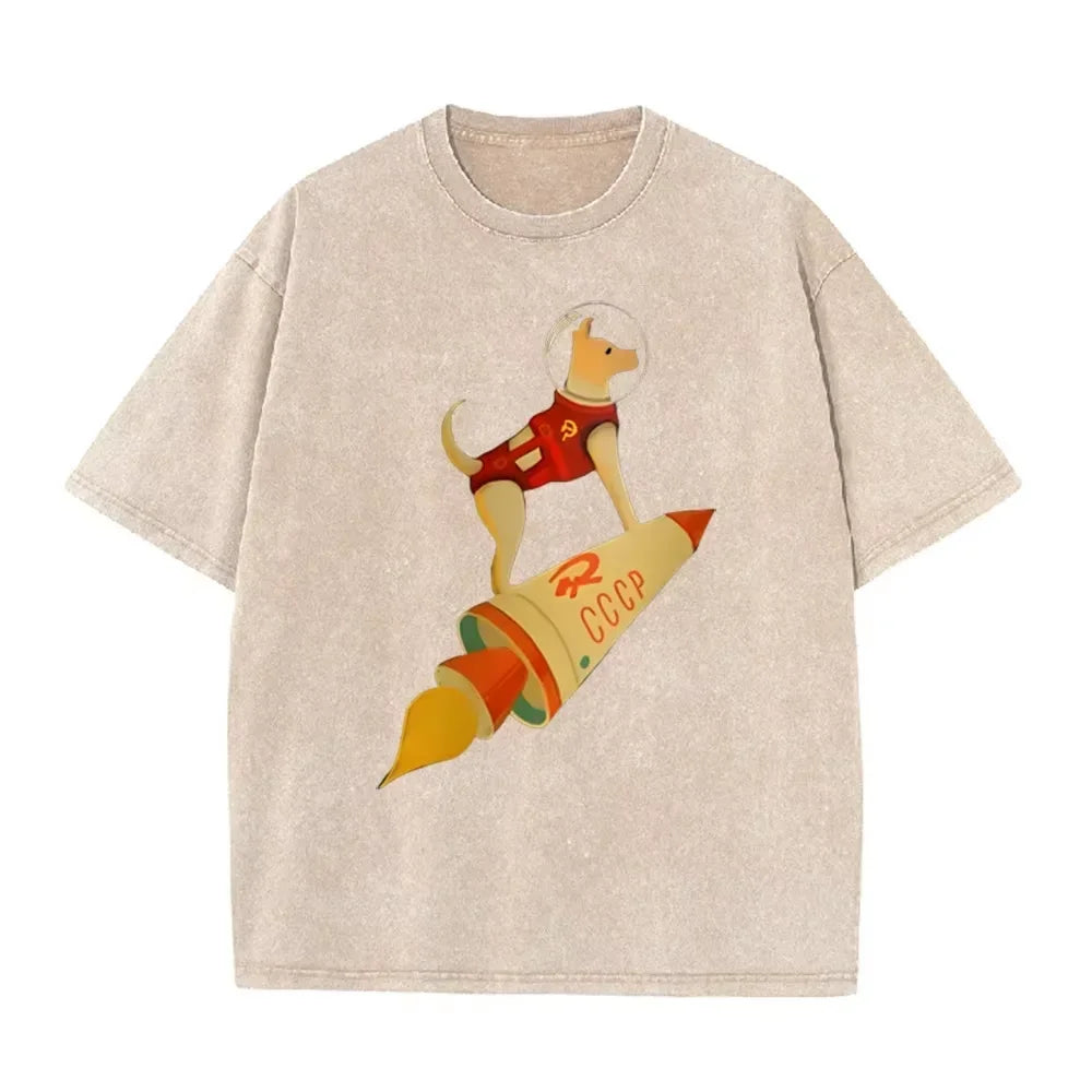 Vintage Washed Gray Tshirt CCCP Laika Space Dog Rocket Cartoon Print Loose Short Sleeve Retro Soviet Casual Tee