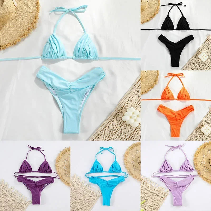 Strappy Solid Color Bikini