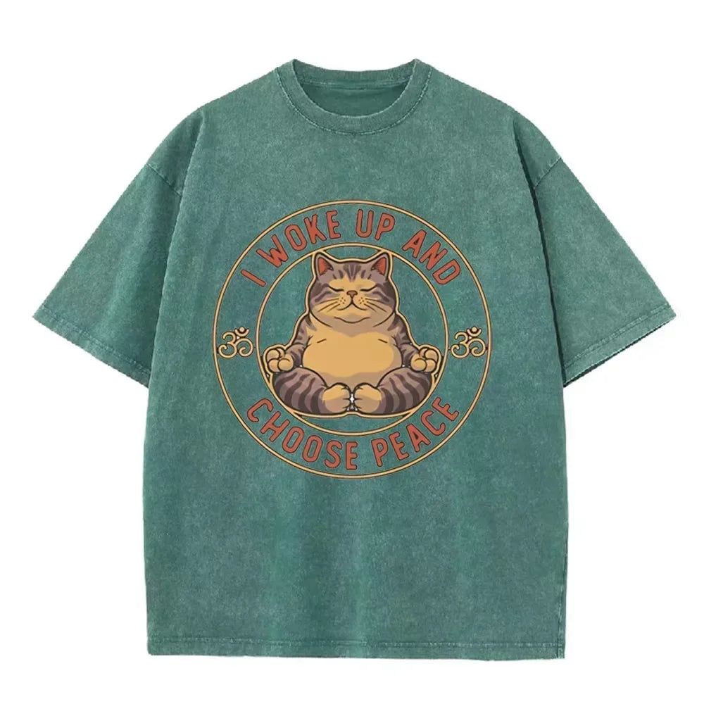 Retro Beige Zen Yoga Tabby Cat Om Symbol Acid Wash Oversized Streetwear Tee