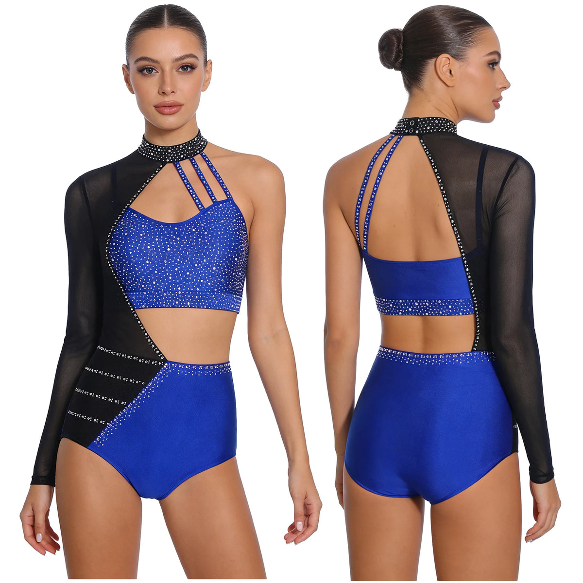 Women's Asymmetric Rhinestone Dance Bodysuit with Cutouts and Mesh Sleeve