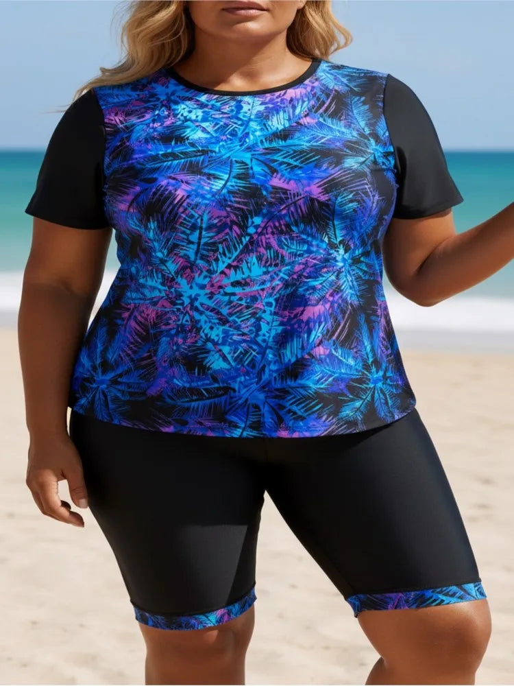 Women's Printed Short Sleeve Swim Top and Long Shorts Set