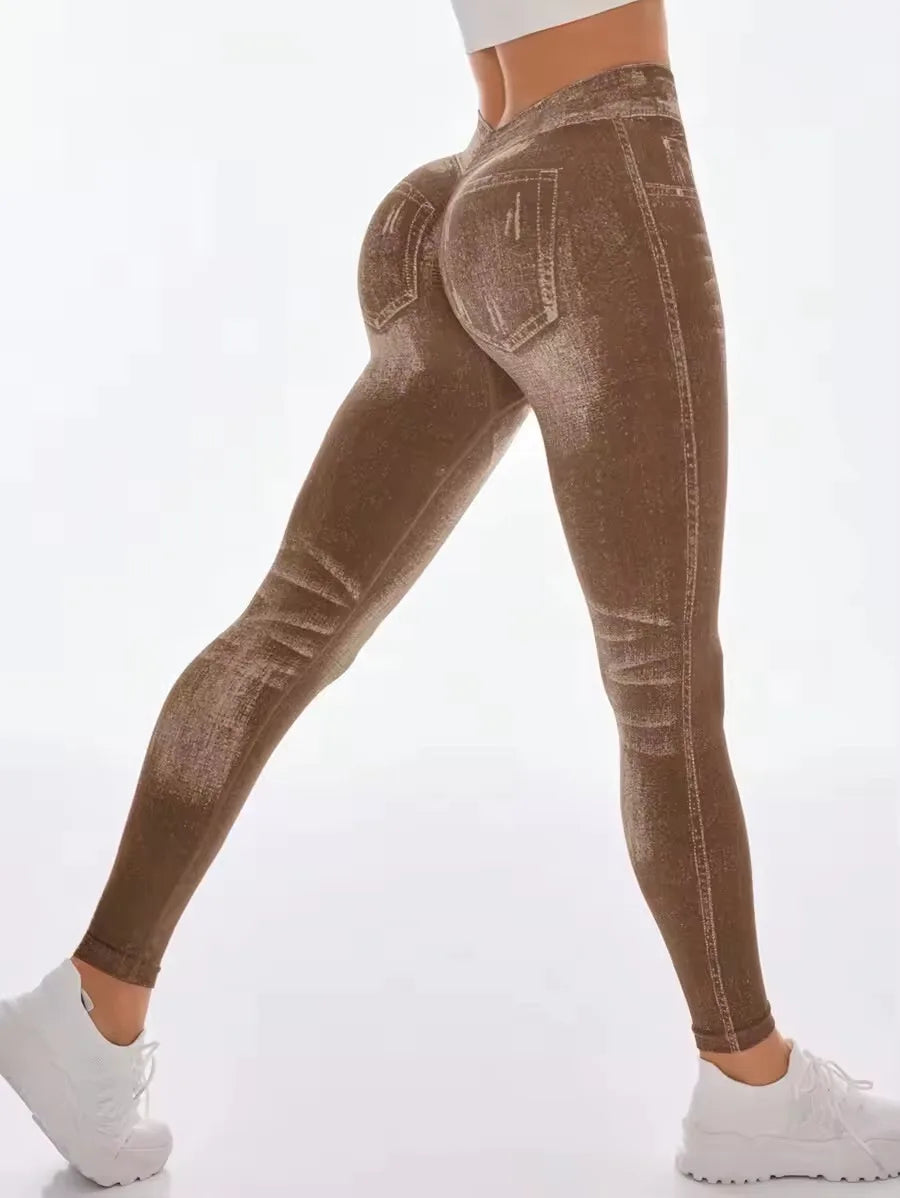 Women's Denim Look Full Length Leggings For Workout Outfits