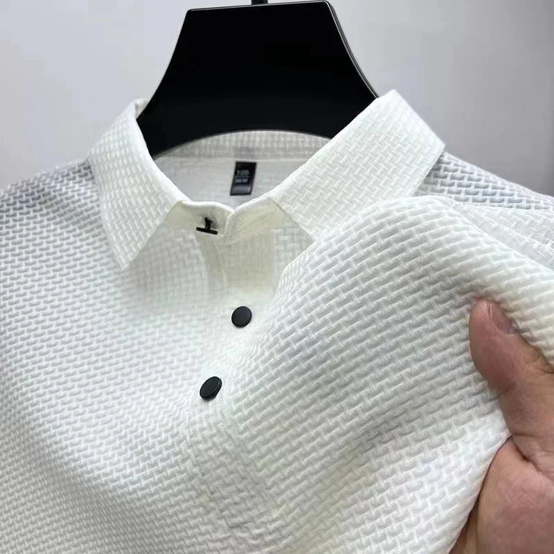 Men's Textured Short-Sleeve Polo Shirt with Collar and Button Placket