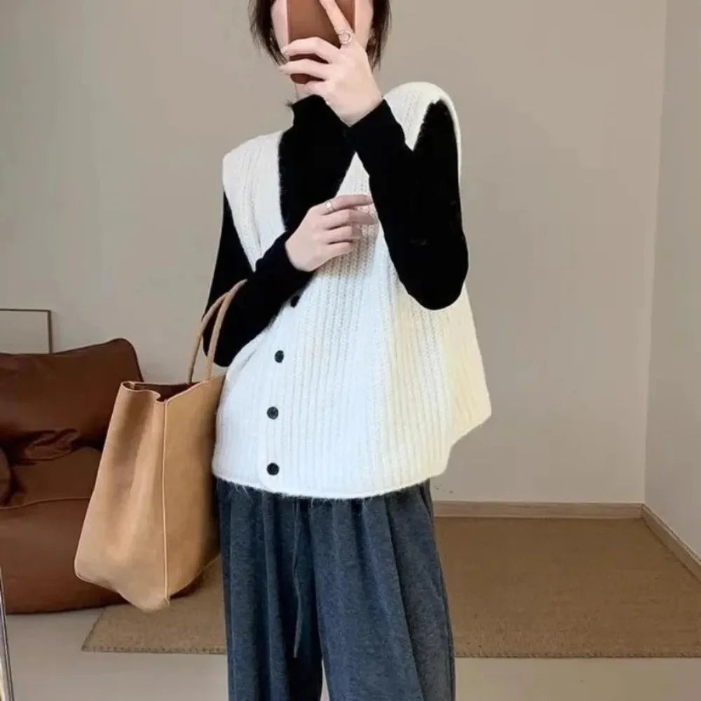 Women's Sleeveless Knit Button Front Vest Casual Knit Layer