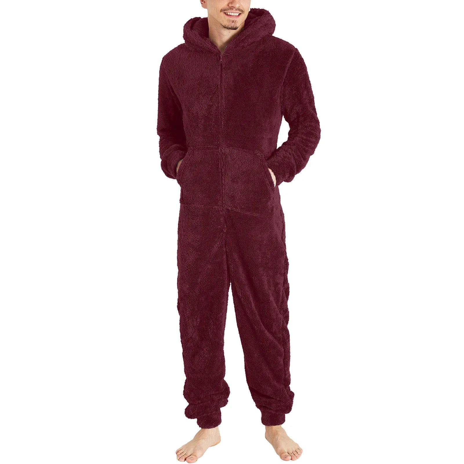 Men's Hooded Zip Front Long Sleeve Plush Pajama Jumpsuit
