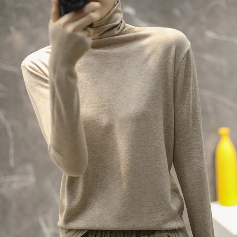 Women's Fitted Roll Neck Long Sleeve Sweater Casual Knit Layer