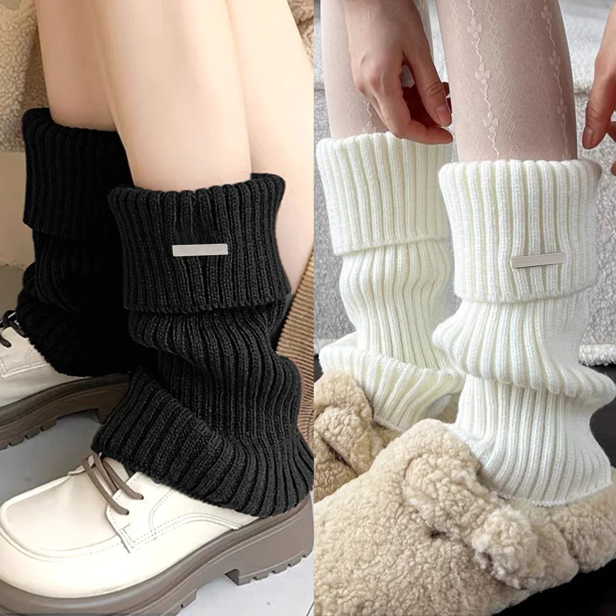 Solid Ribbed Leg Warmers with Small Metal Label Details