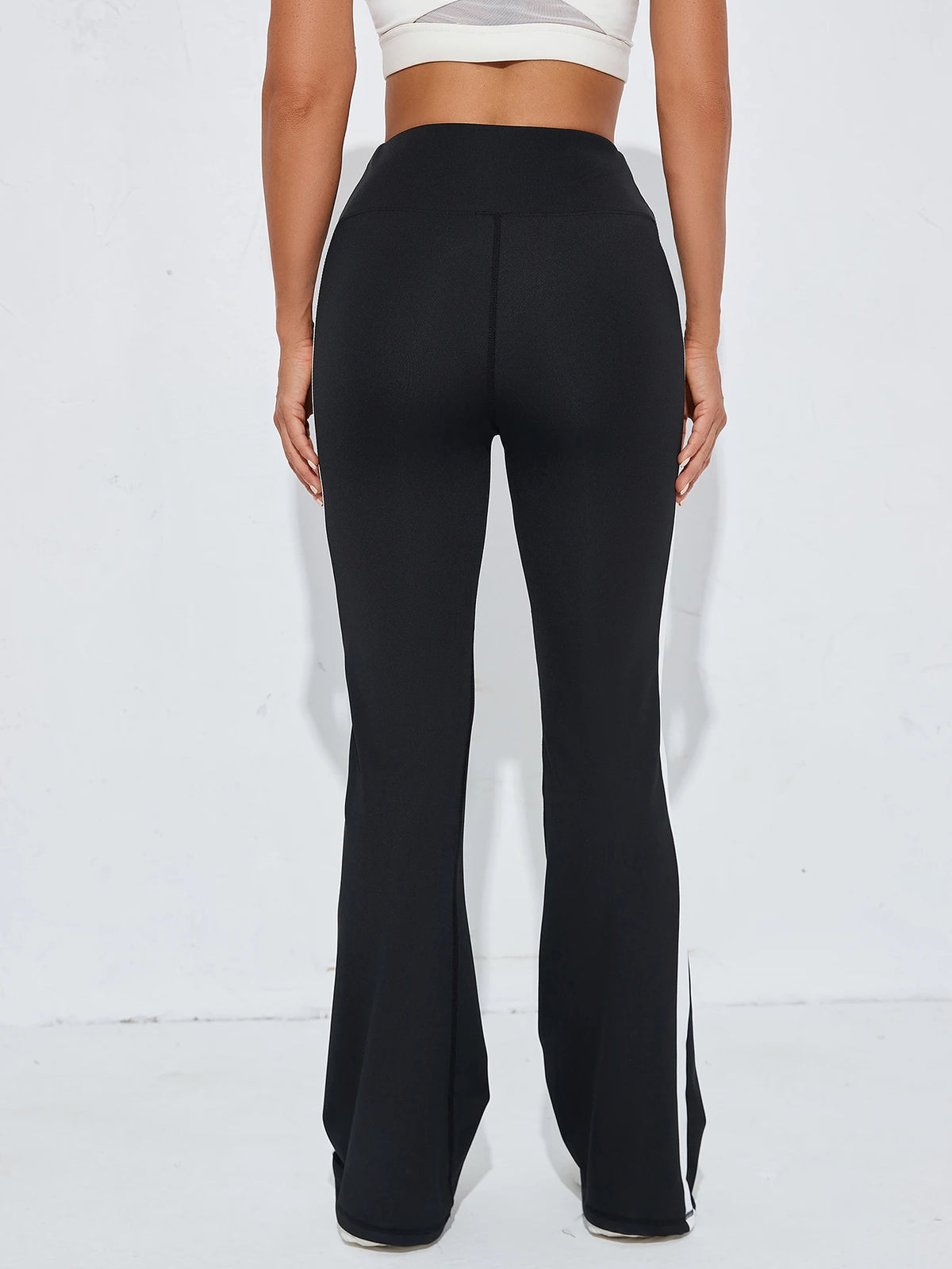 Women's High Waist Polyester Flared Workout Pants with Wide Contrast Side Panels