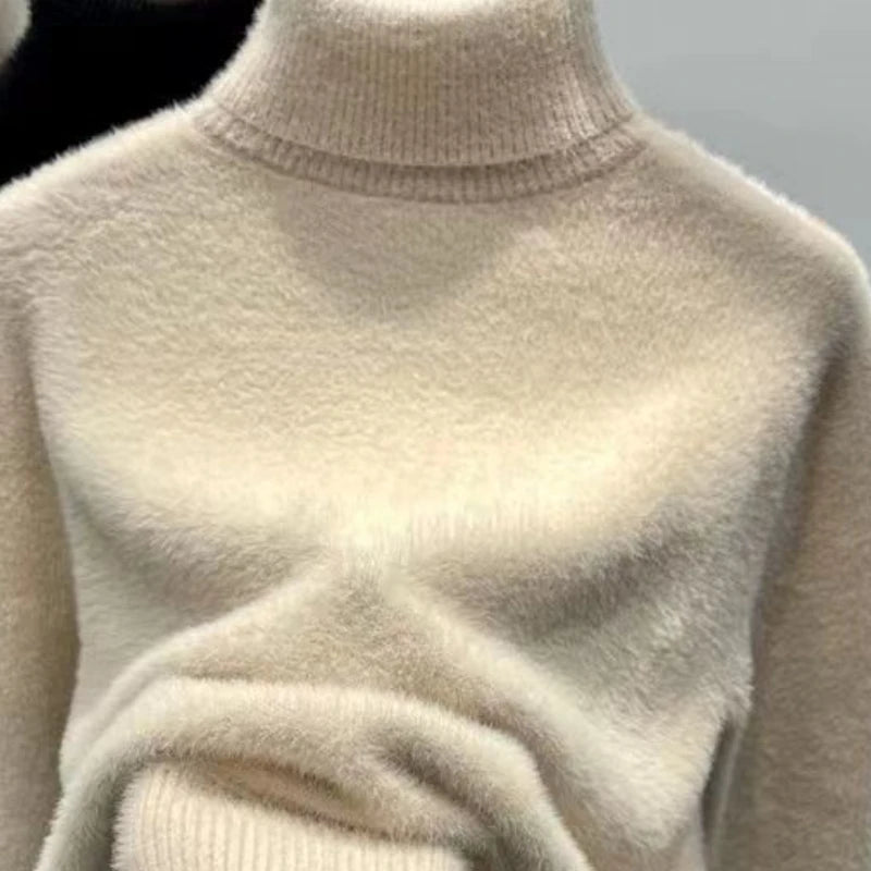 Women's Fluffy Roll Neck Long Sleeve Sweater Casual Knit Layer