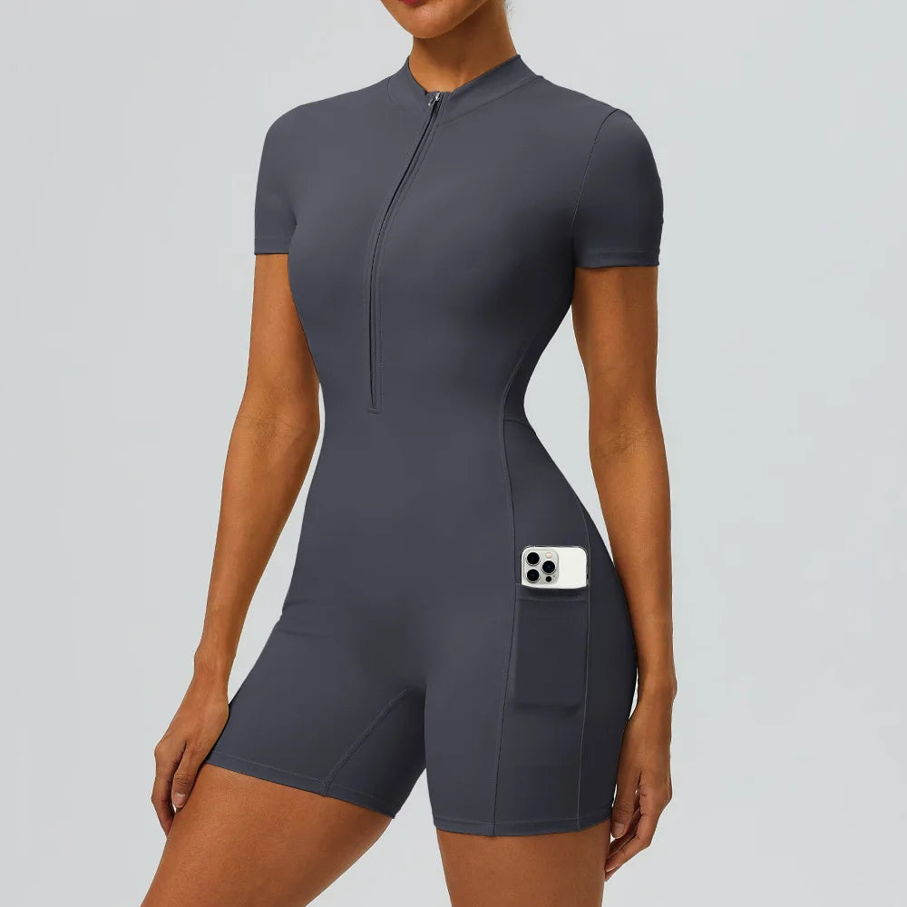 Women's Short Sleeve Zip Front Workout Romper with Open Back