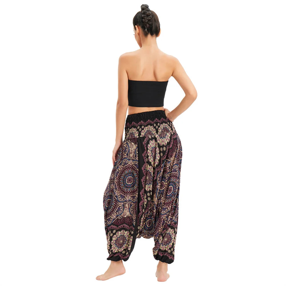 Women's Printed Rayon Harem Pants with Elastic Waist and Convertible Styling