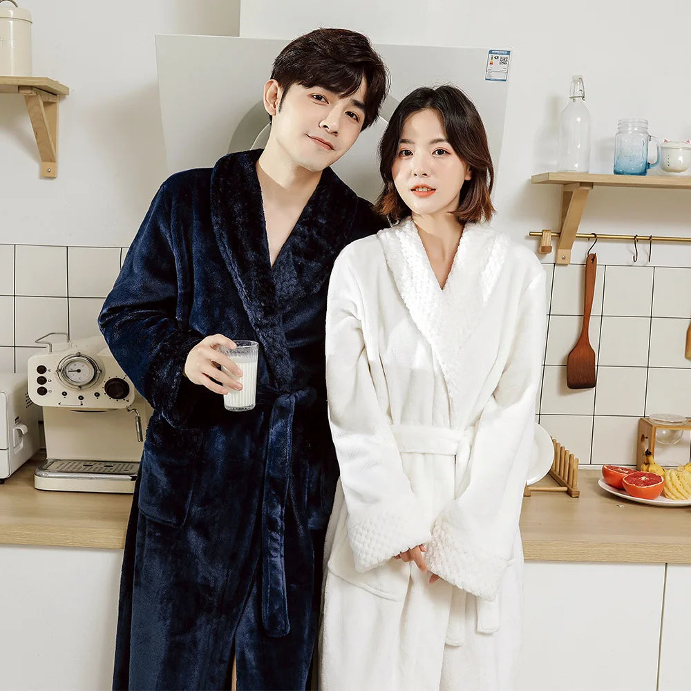 Fleece Lapel Collar Long Sleeve Tie Waist Homewear Bathrobe
