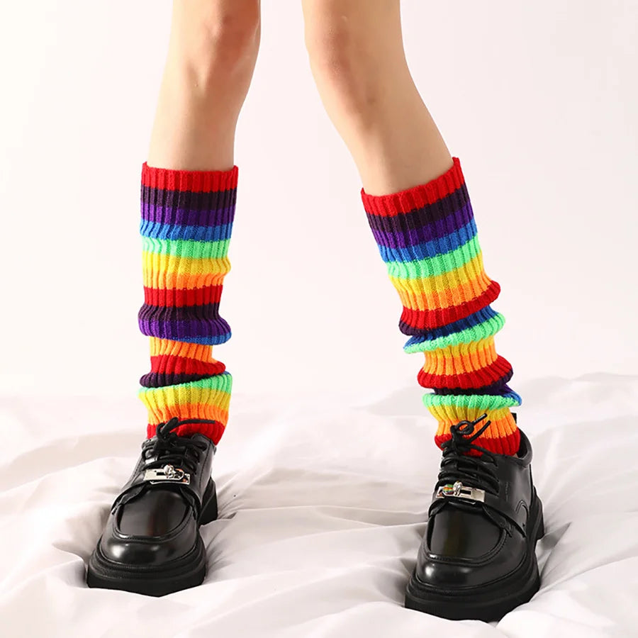 Striped Ribbed Knit Leg Warmers with Slouchy Calf Shape