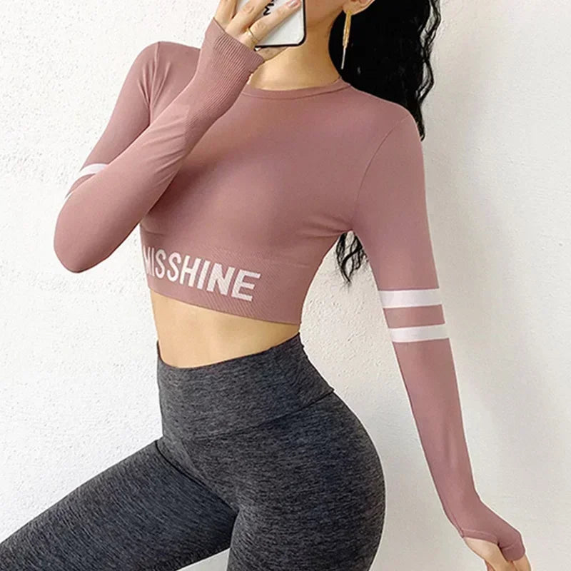 Women's Letter-Detail Long-Sleeve Workout Crop Top