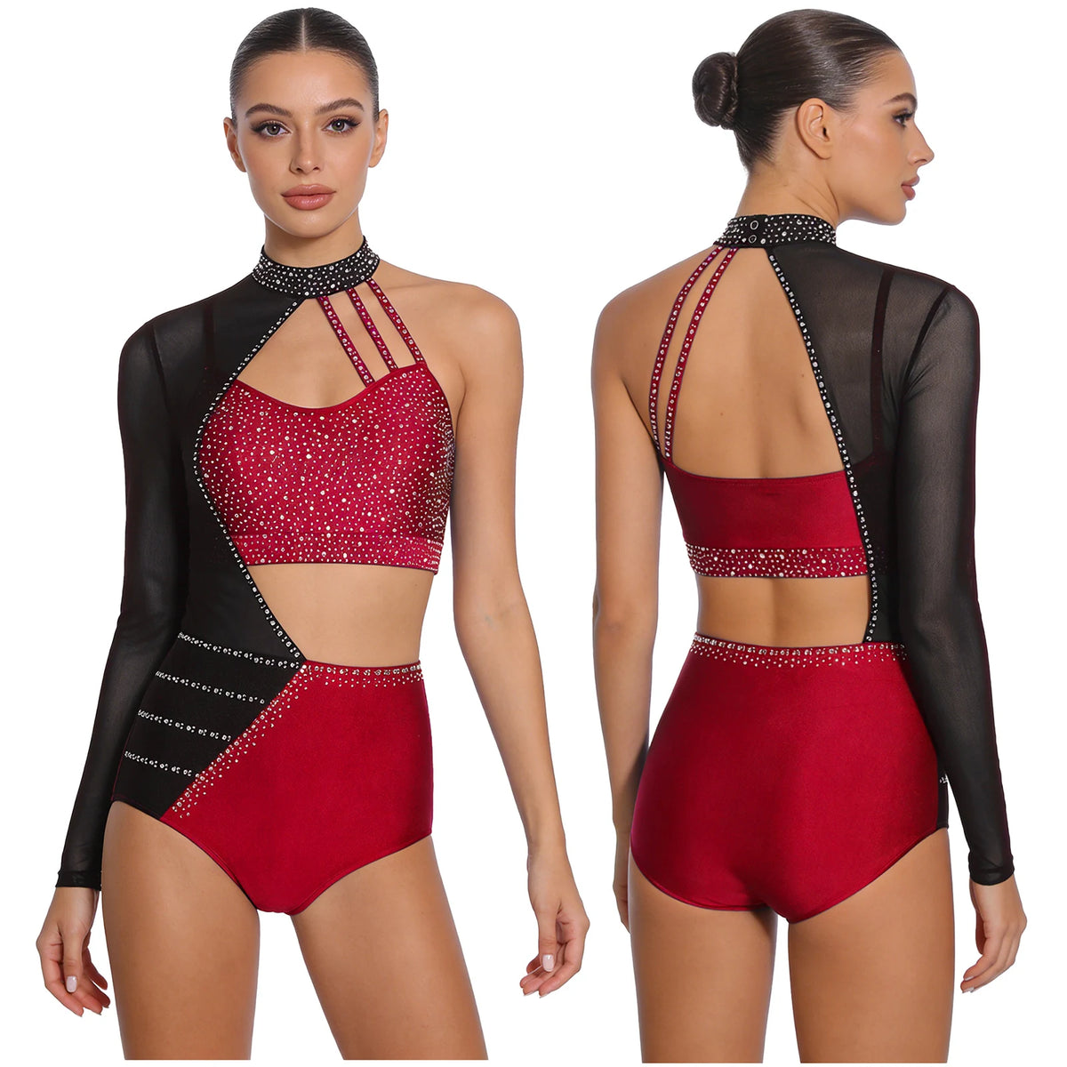 Women's Asymmetric Rhinestone Dance Bodysuit with Cutouts and Mesh Sleeve