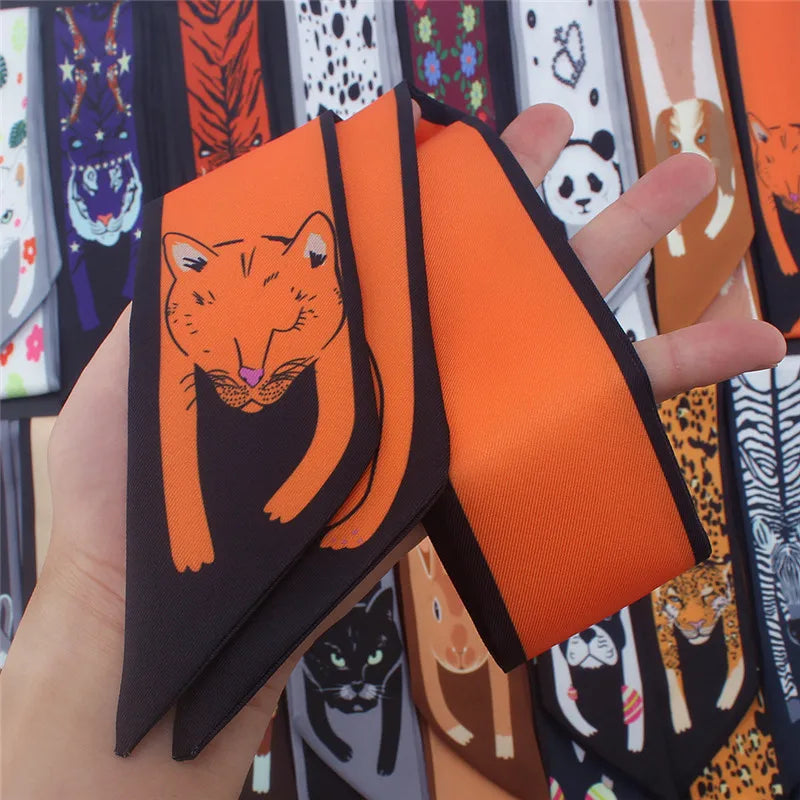 Animal Print Narrow Scarf with Pointed Tie Ends