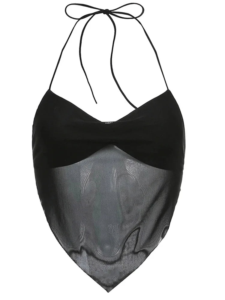 Women's Sheer Mesh Halter Crop Top with Ties and Pointed Hem