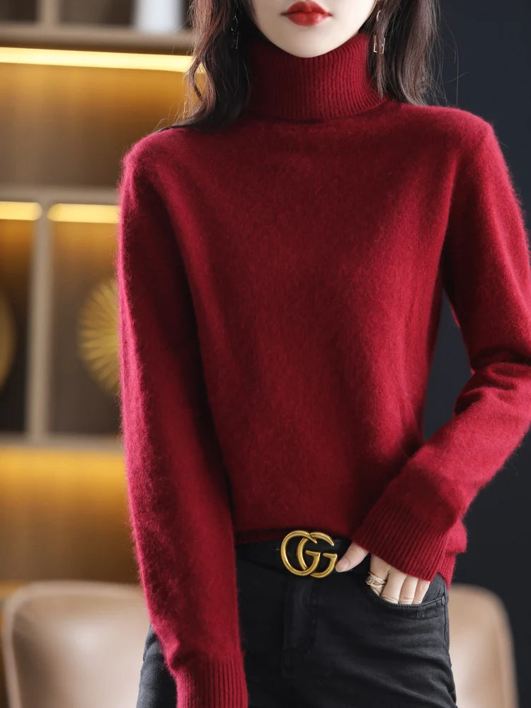 Women's Plain Roll Neck Long Sleeve Sweater Casual Knit Layer